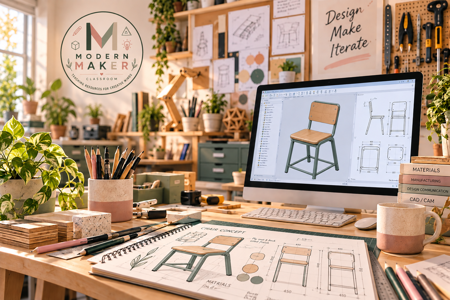 Warm Design and Technology studio with CAD, sketching and practical design work